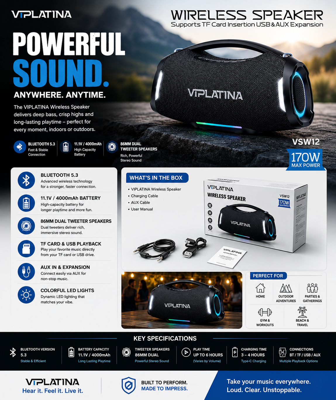 VIPLATINA WIRELESS SPEAKER 170W VSW12