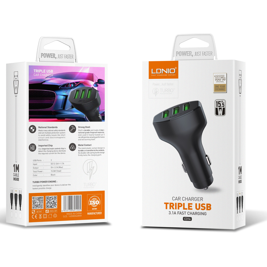 Ldnio 3.4A Triple USB Fast Car Charger C314