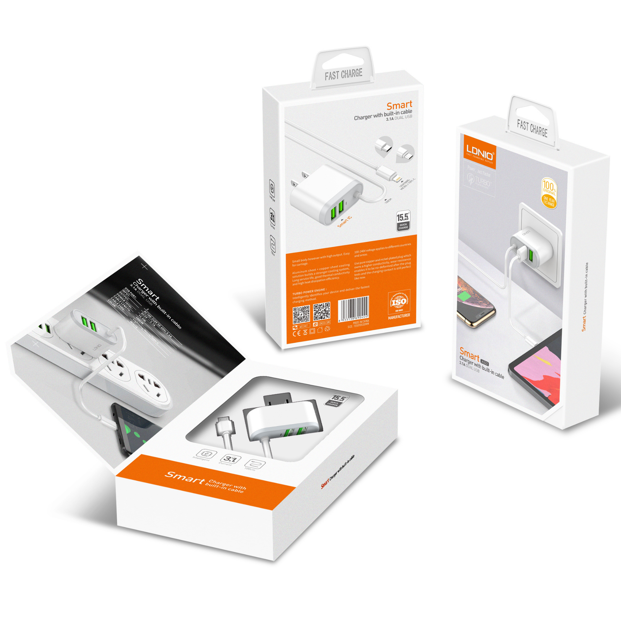 Ldnio Smart Charger with Built-in Cable A322