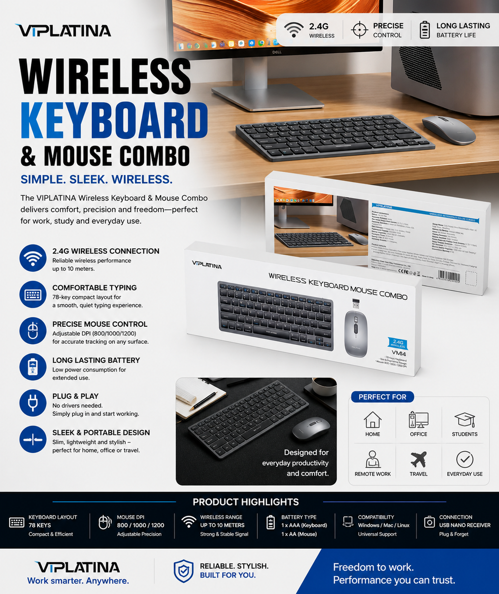 VIPLATINA WIRELESS KEYBOARD & MOUSE COMBO VM14