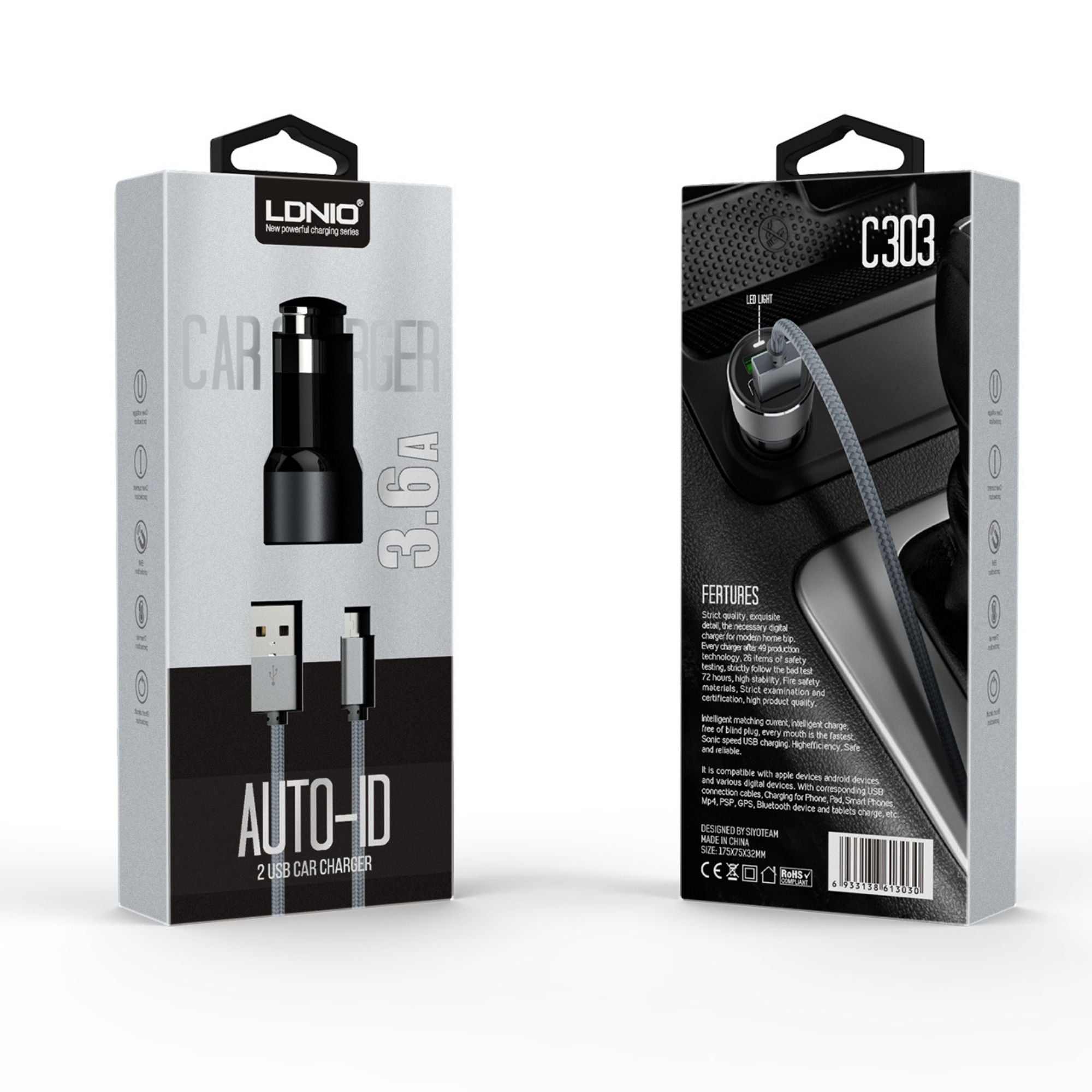 Ldnio 3.6A Auto-ID Dual USB Car Charger C303