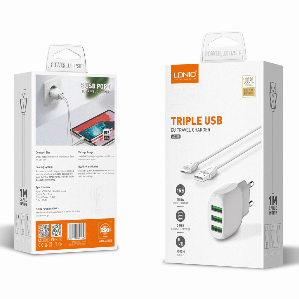 Ldnio Triple USB Travel Charger A3315
