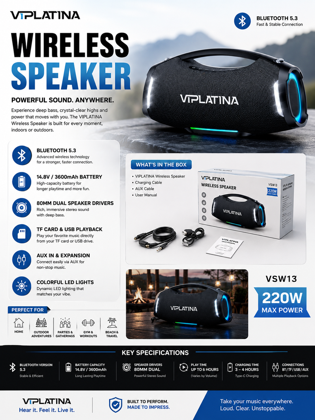 VIPLATINA WIRELESS SPEAKER 220W VSW13
