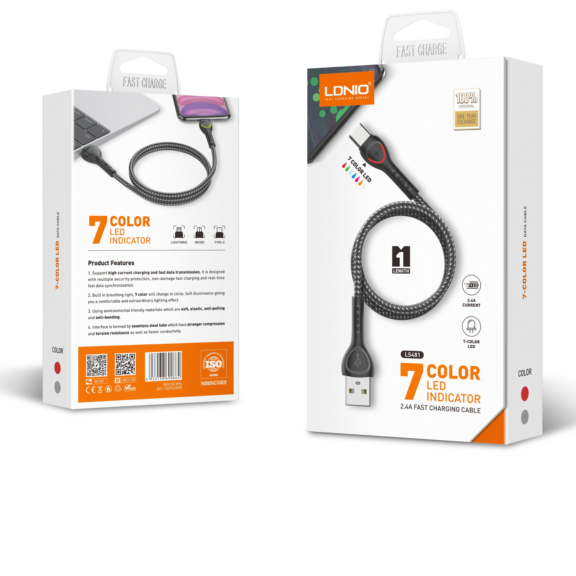 LDNIO 7 Color LED INDICATOR Charging Cable LS481