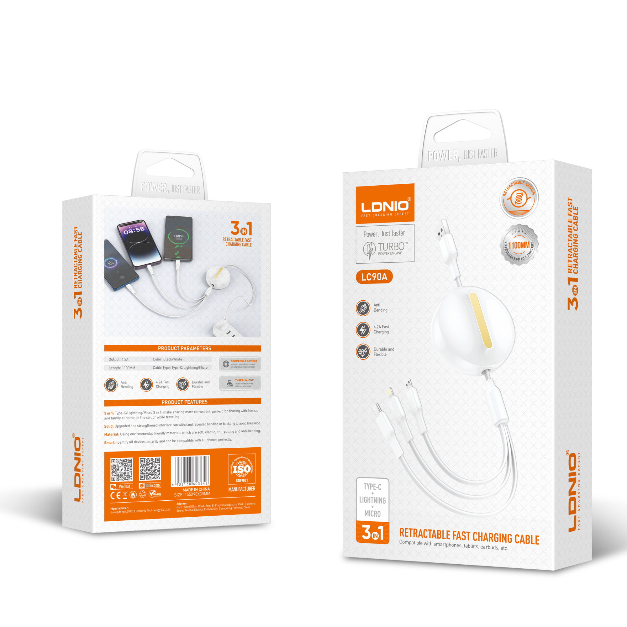 LDNIO 3 in 1 Fast Charching Retractable Cables LC90A