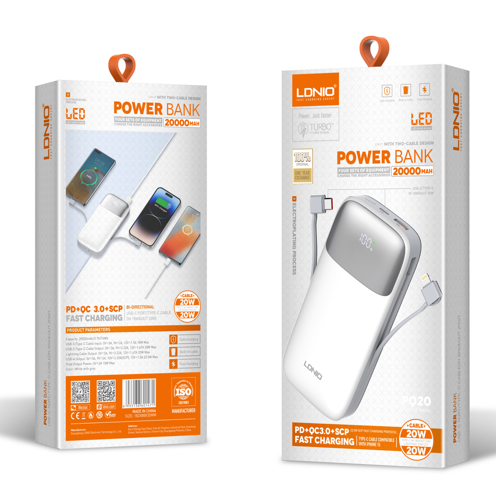 Ldnio Power Bank with 2 Cable Design PQ20