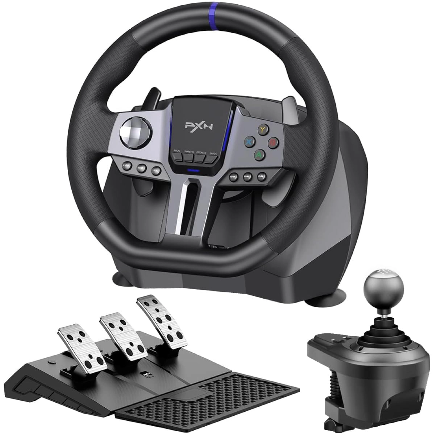 AW PXN V9 GEN2 Racing Steering Wheel compatible with Xbox Series X|S, PS4, Switch and PC, with 3-Pedal Set, Gear Shifter, RGB Lighting, 16-Bit Magnetic Encoder