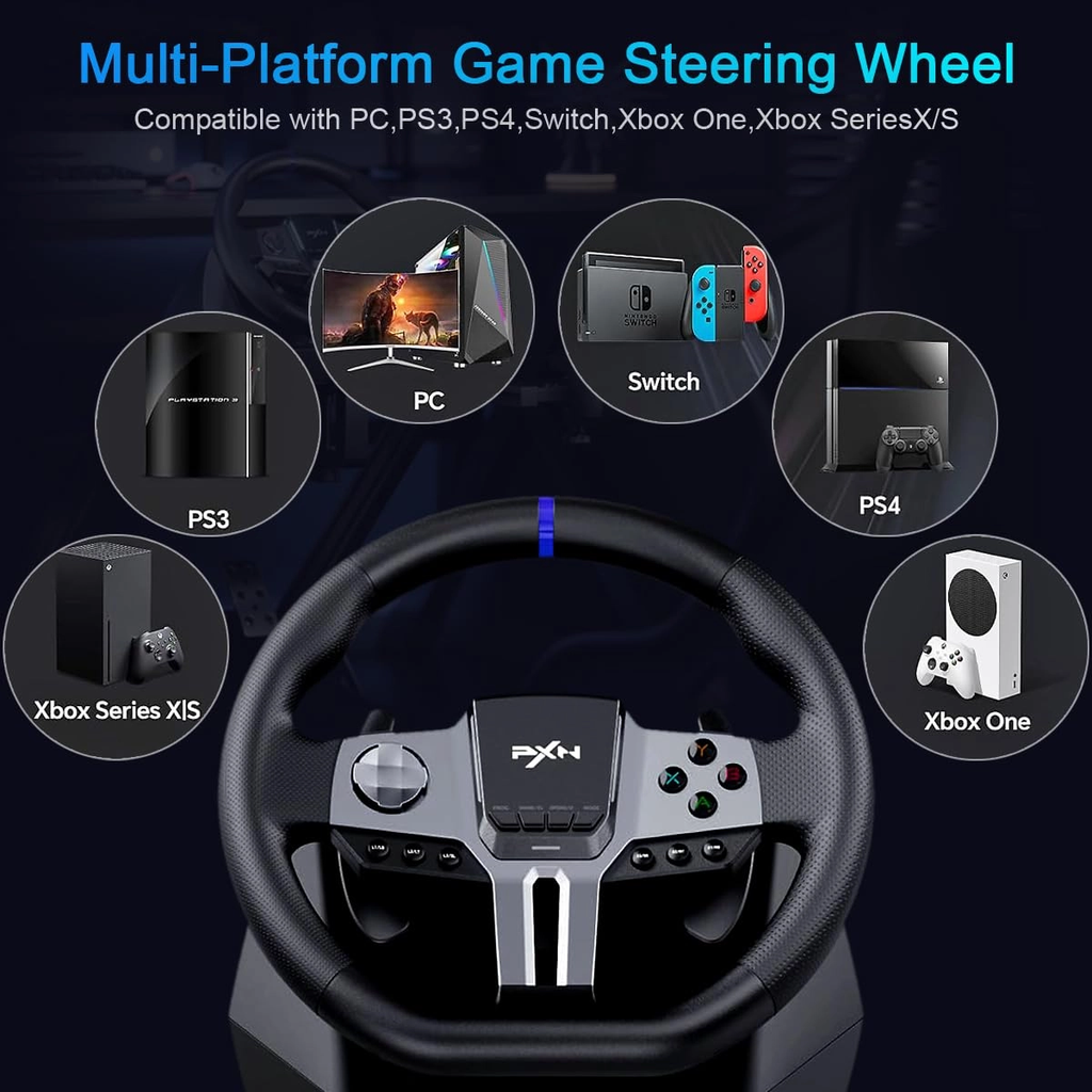 AW PXN V9 GEN2 Racing Steering Wheel compatible with Xbox Series X|S, PS4, Switch and PC, with 3-Pedal Set, Gear Shifter, RGB Lighting, 16-Bit Magnetic Encoder