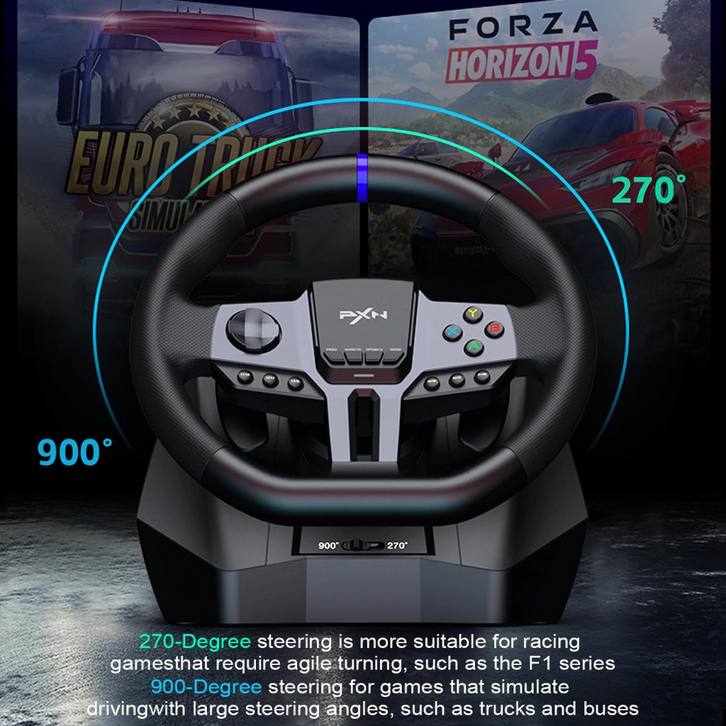 AW PXN V9 GEN2 Racing Steering Wheel compatible with Xbox Series X|S, PS4, Switch and PC, with 3-Pedal Set, Gear Shifter, RGB Lighting, 16-Bit Magnetic Encoder