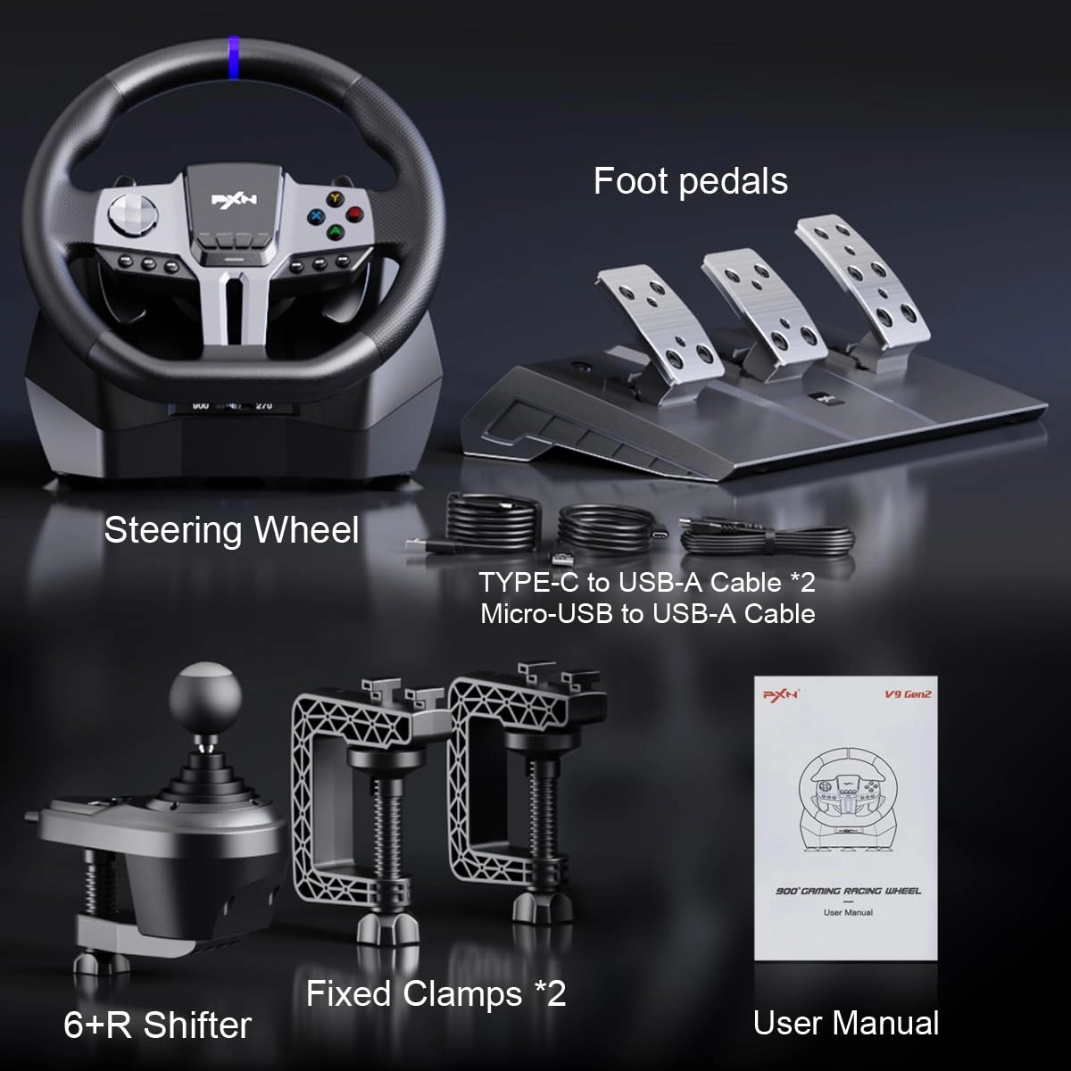 AW PXN V9 GEN2 Racing Steering Wheel compatible with Xbox Series X|S, PS4, Switch and PC, with 3-Pedal Set, Gear Shifter, RGB Lighting, 16-Bit Magnetic Encoder