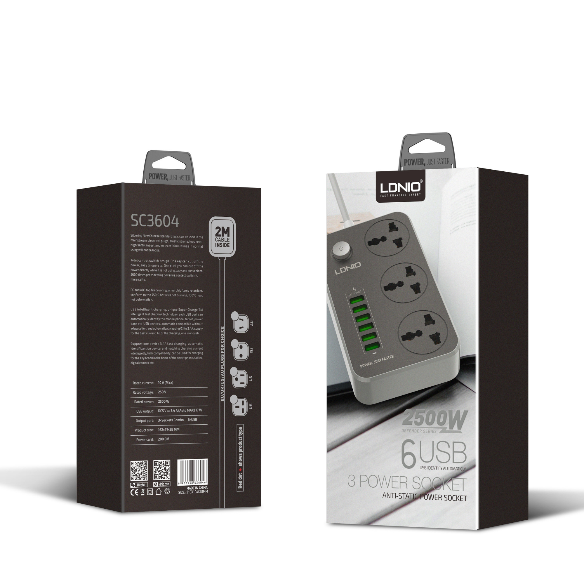 LDNIO 3 Power Socket & 6 USB 2500W SC3604