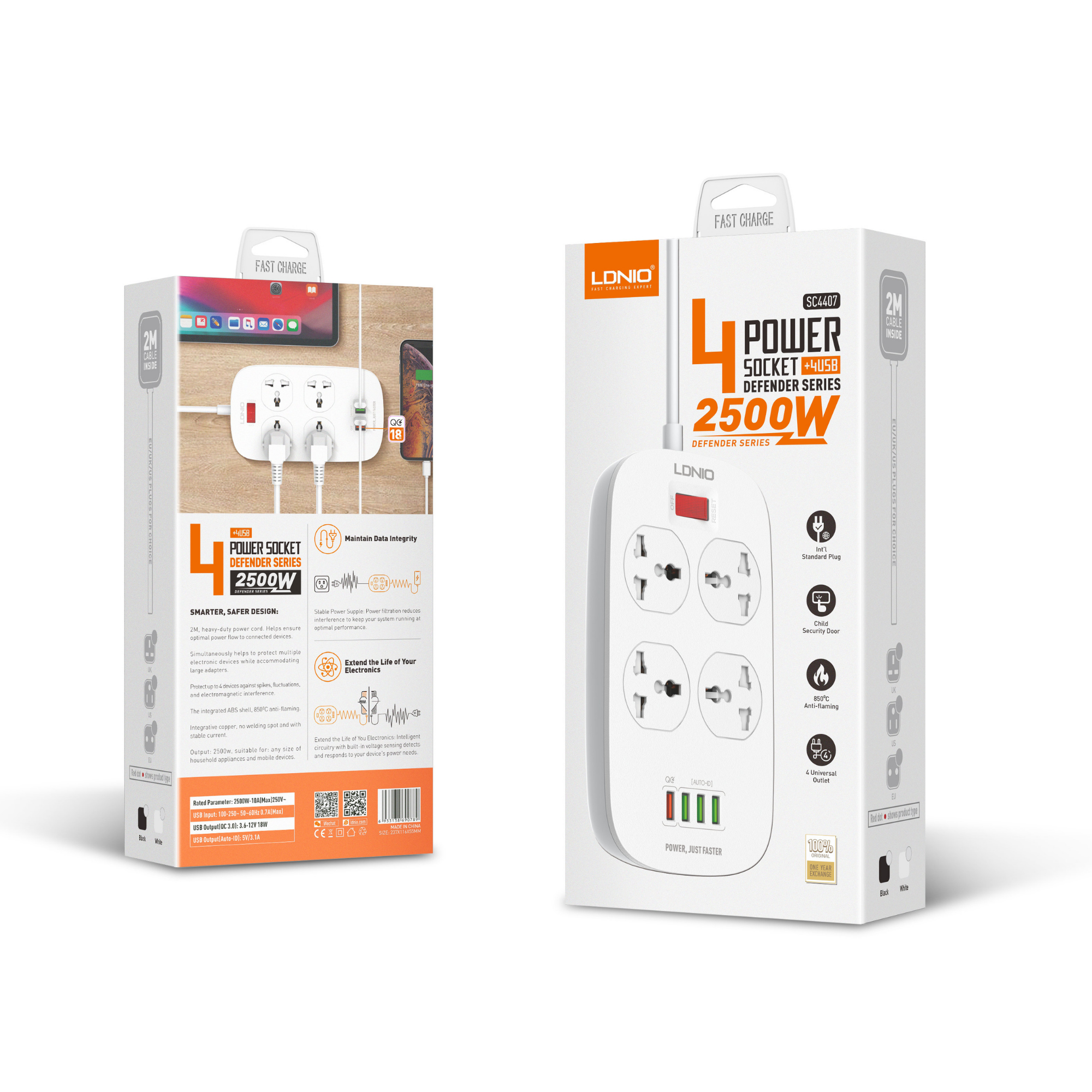 LDNIO 4 Power Socket & 4 USB 2500W SC4407