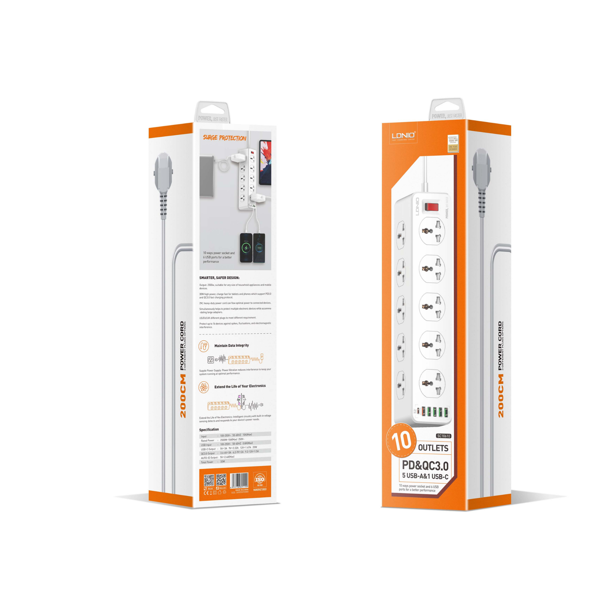 LDNIO 10 Outlets 200cm Power Cord 2500W SC10610