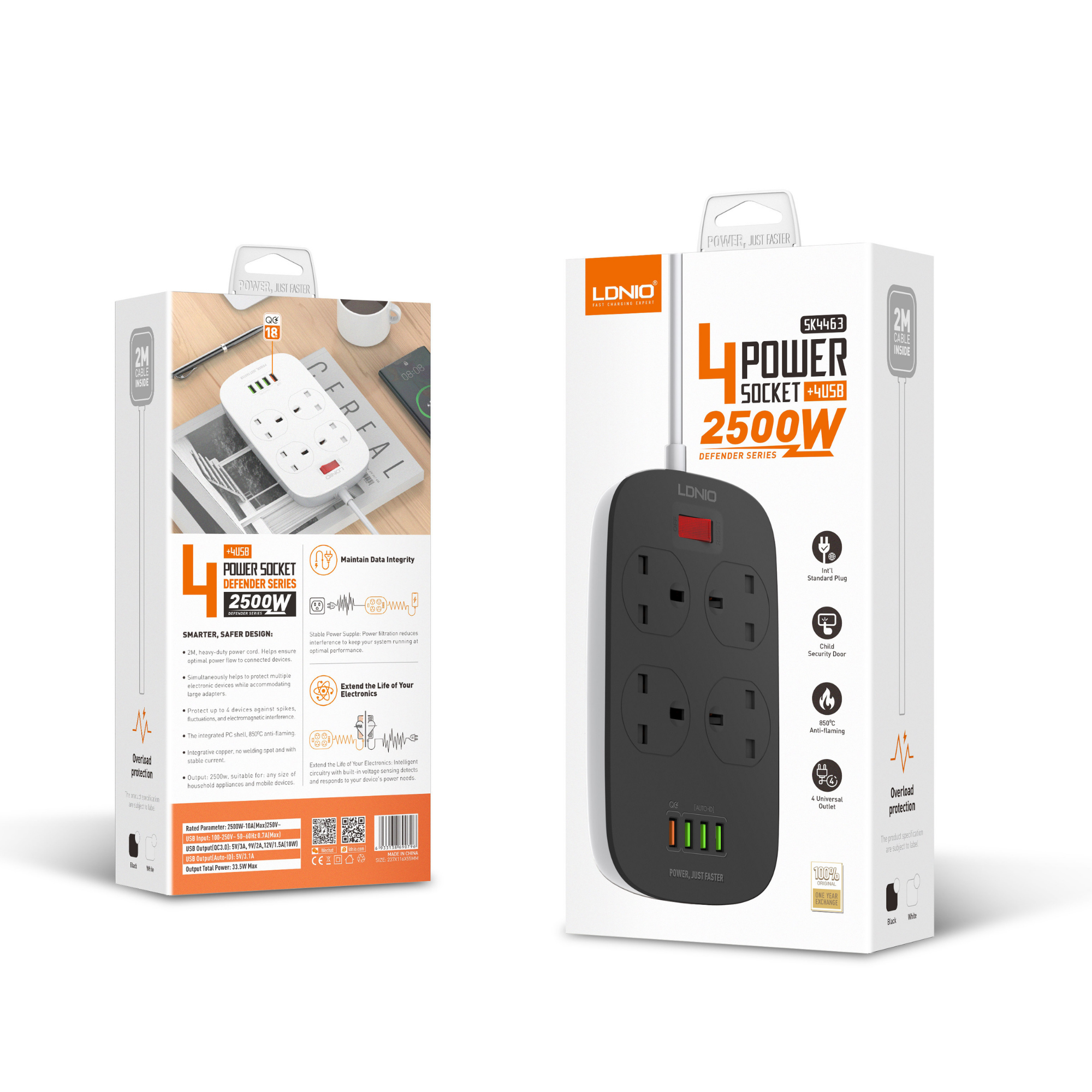 LDNIO Defender Series 4 UK Outlets 4 USB Adapter 2500W SK4463