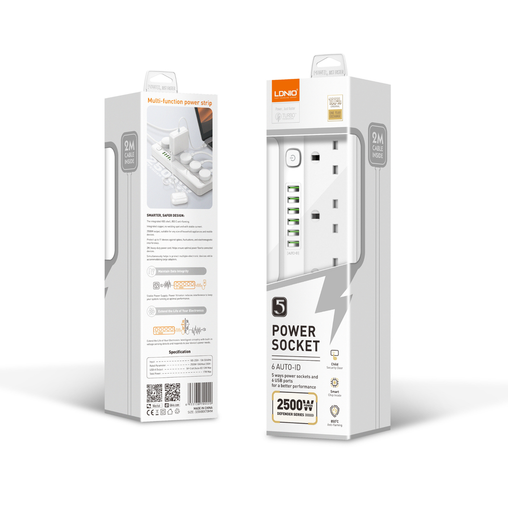 LDNIO 5 Outlets 6 USB Adapter 2500W SK5691