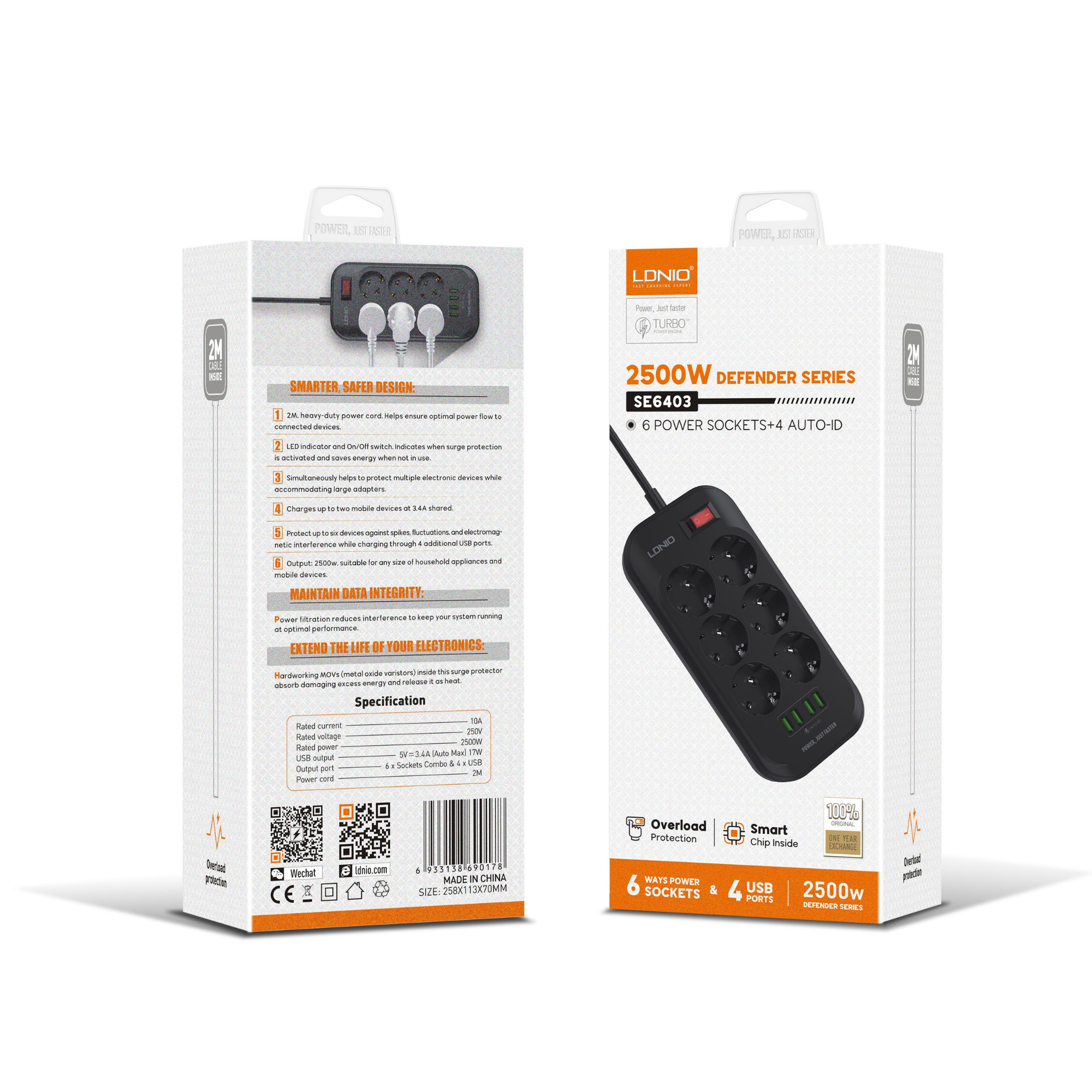 LDNIO 6 Power Socket Outlet Defender Series 2500W SE6403