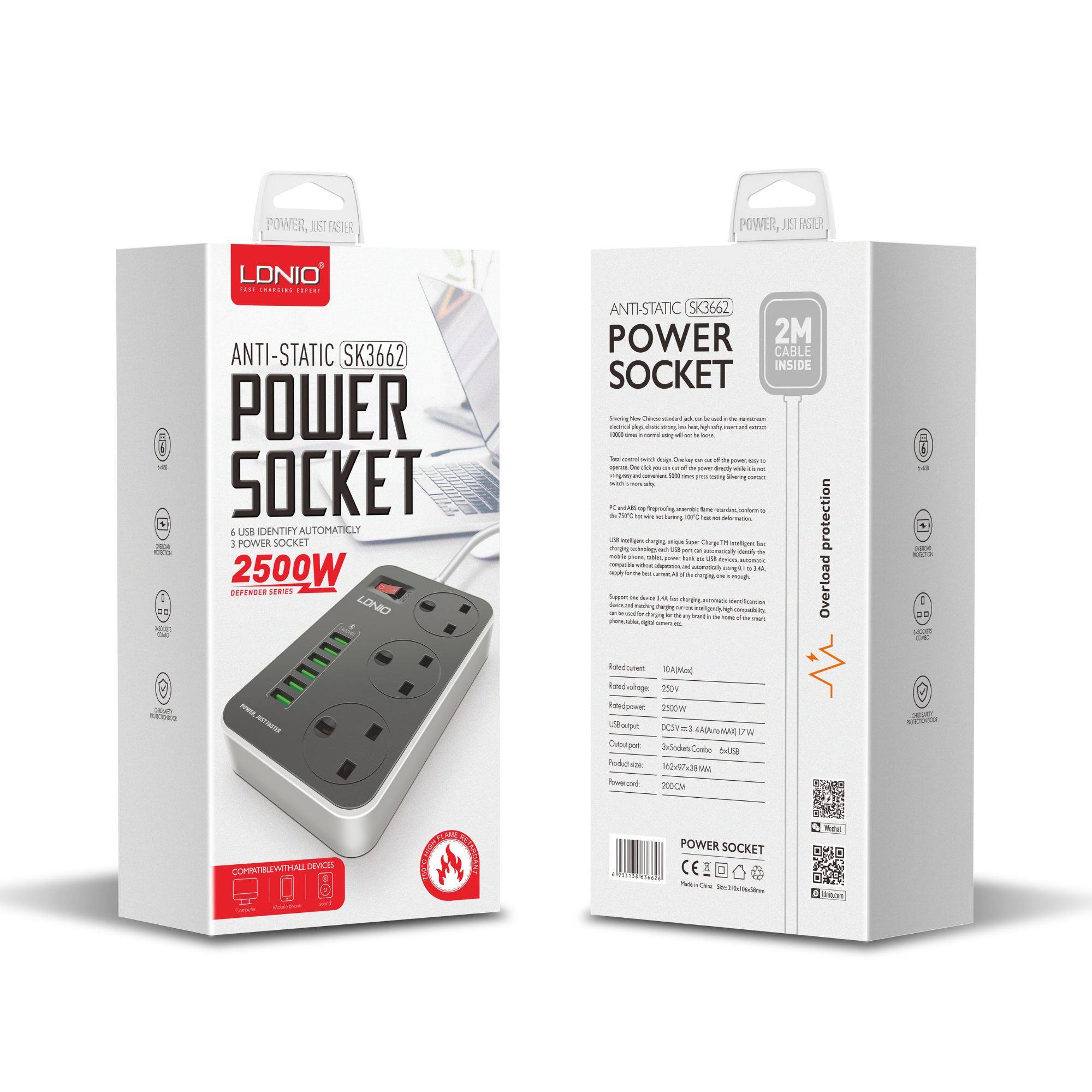 LDNIO Anti-Static Power Socket 2500W 2M SK3662