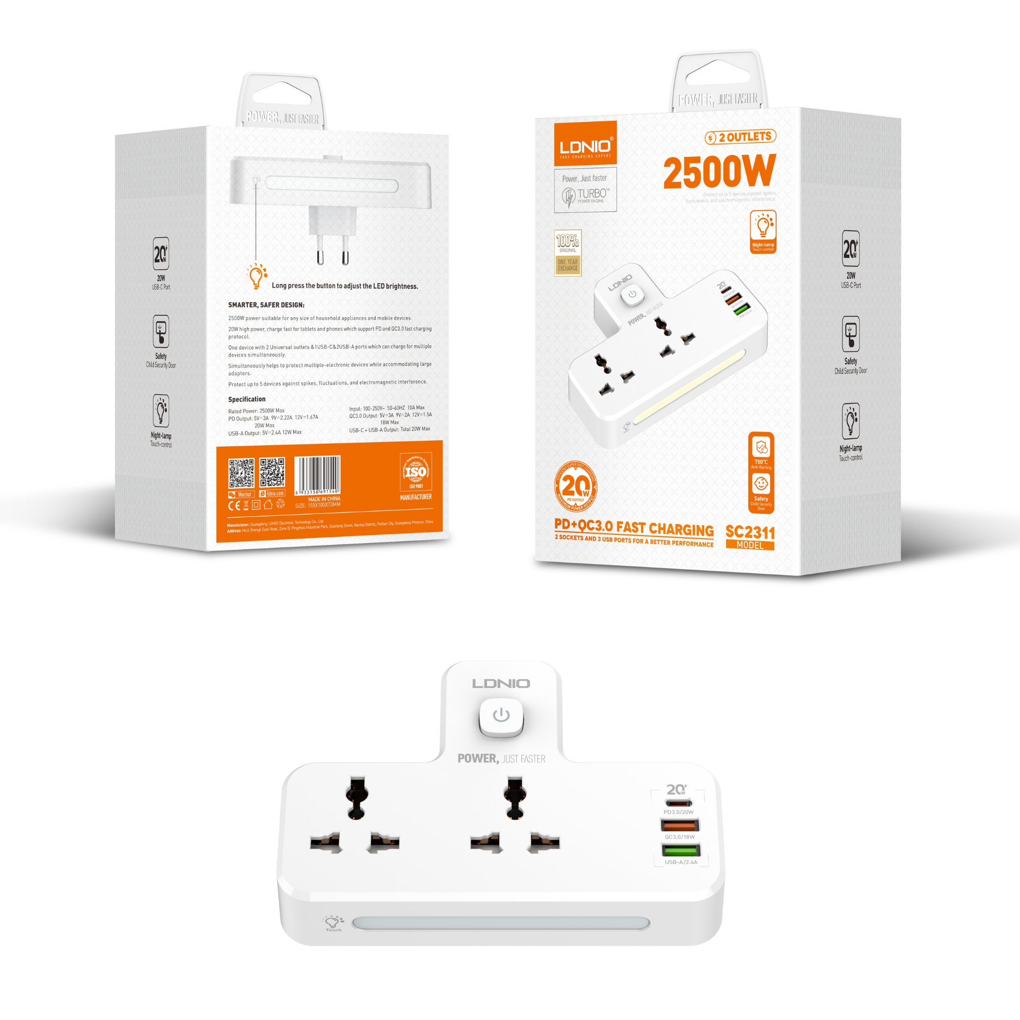 LDNIO 2 Sockets & 3 Usb Port 2500W SC2311