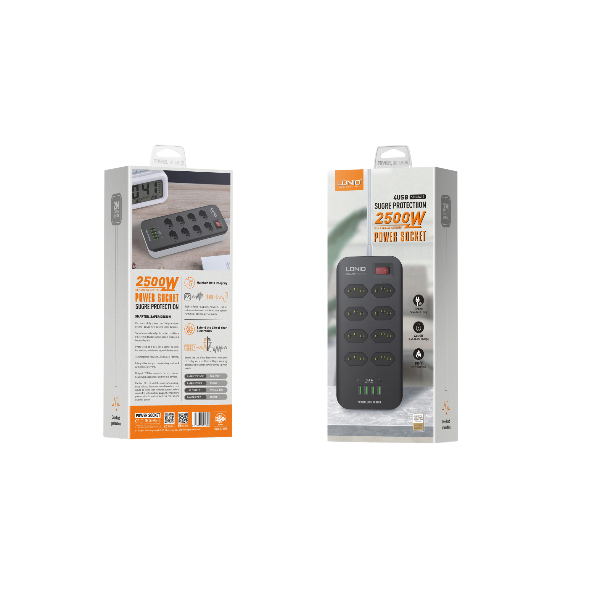 LDNIO Power Socket with Surge Protection & 4USB  2500W SBR8412