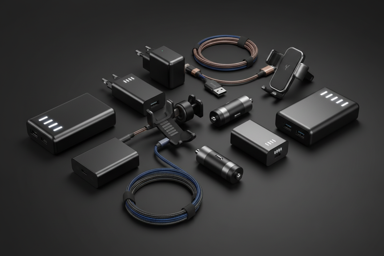 phone accessories like power banks, wall chargers, cables, car holders, car chargers etc in a sleek background in a dark background. an aethetic pciture